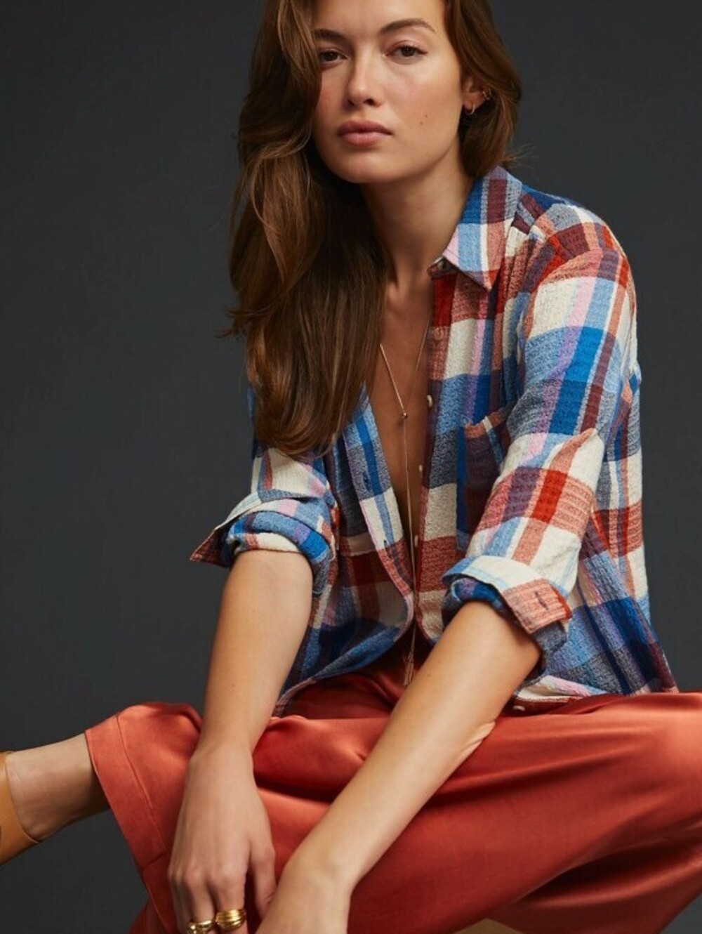 Pilcro by Anthropologie Blue & Orange Ally Plaid Button Down Shirt - Size - XL